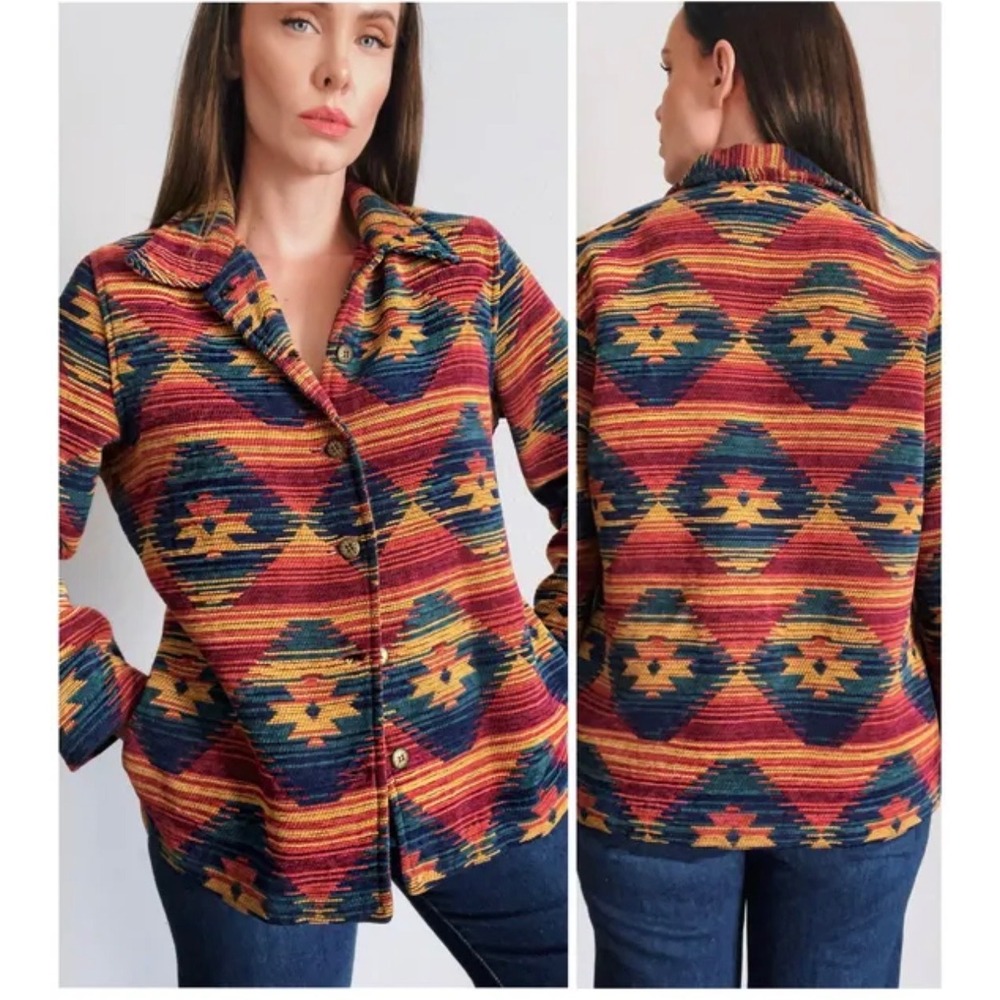Alfred Dunner Womens 90's Southwestern Tapestry Jacket Multi Color Geometric 10